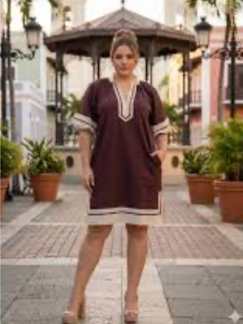 entro Brown Tunic with Cream Trim Detail